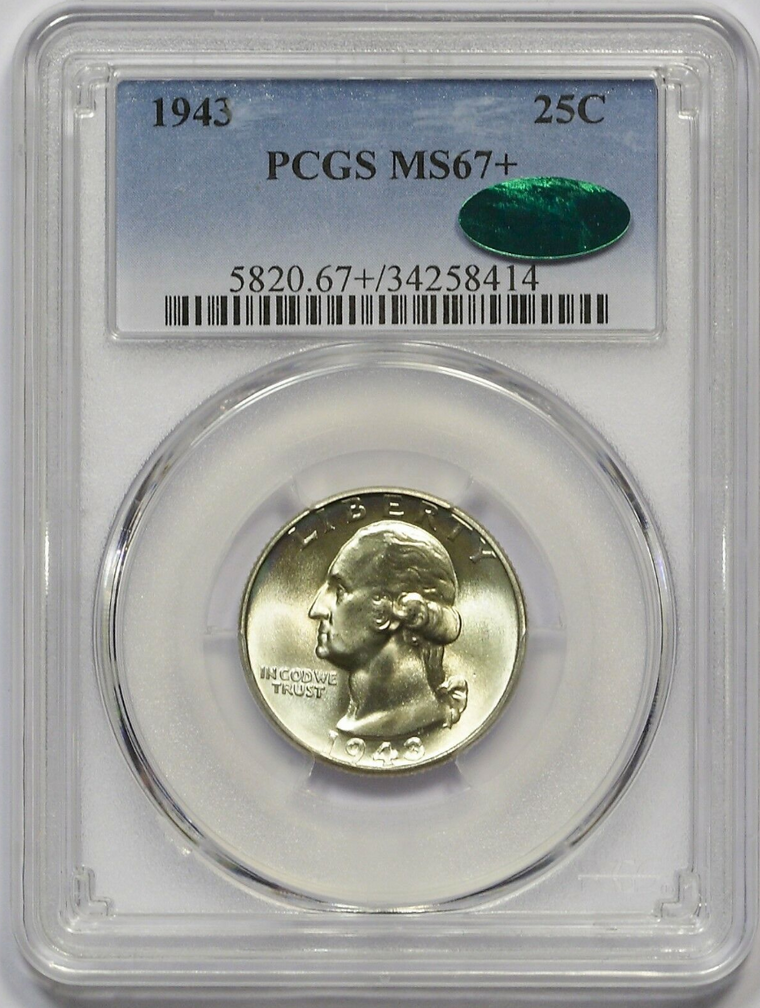 1943 PCGS MS-67+ CAC WASHINGTON QUARTER